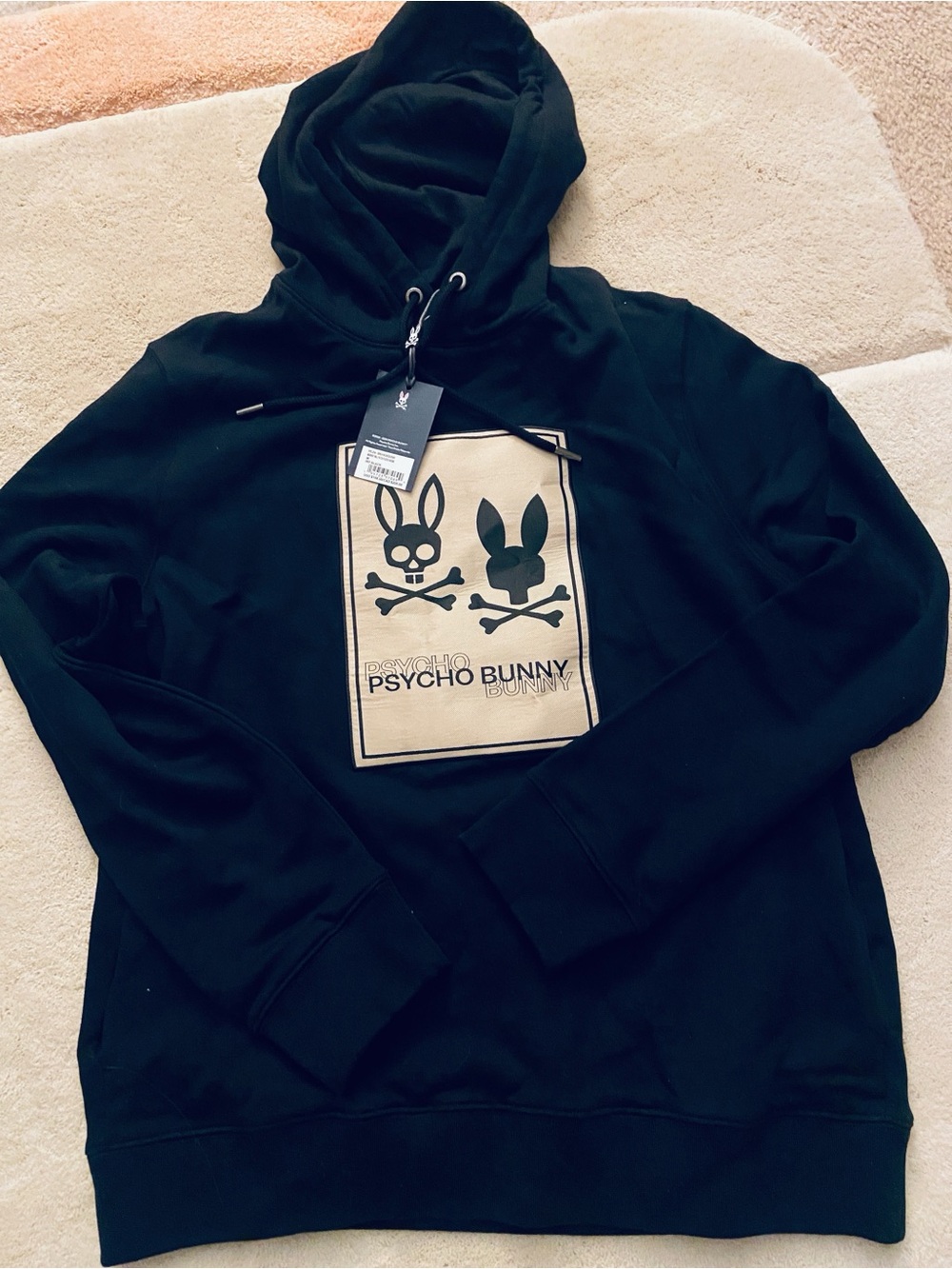 Psycho Bunny Men’s Black Pullover Hoodie with Tan Logo Panel